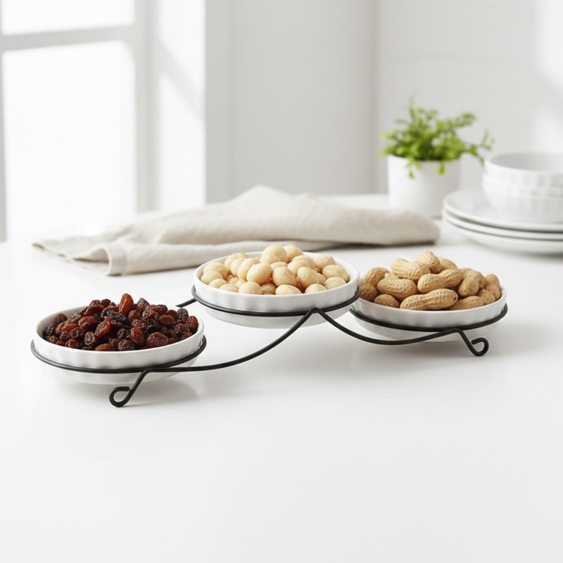 Shallow 3PCS Round Porcelain Bowl Set with Metal Stand – 14cm White Serving Bowls for Dates, Snacks & Desserts | Ramadan, Eid, Diwali, Festive Hosting & Gifting - Image 2